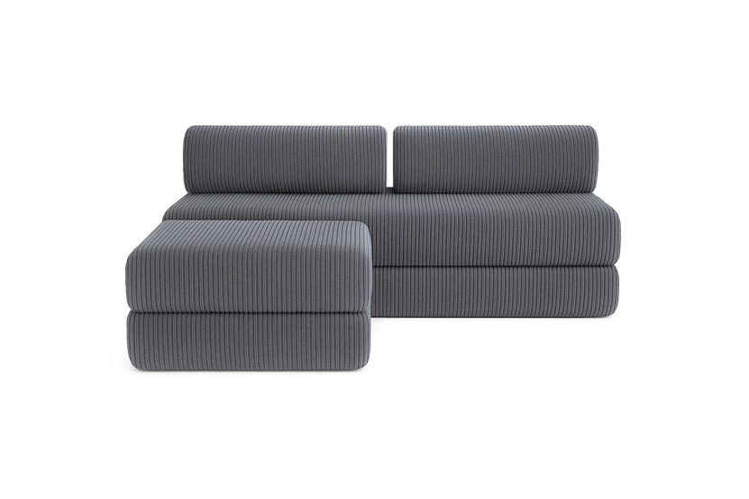 Canapé d'angle 4 places - 2 modules convertibles : Canapé 3 places + Pouf - Velours côtelé Gris