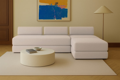 Canapé d'angle 6 places - 3 modules convertibles : Canapé 3 places + Fauteuil + Pouf - Tissu lisse Beige