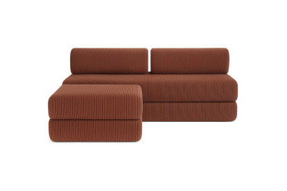 Canapé d'angle 4 places - 2 modules convertibles : Canapé 3 places + Pouf - Velours côtelé Terracotta