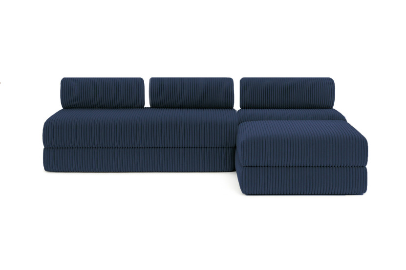 Canapé d'angle 6 places - 3 modules convertibles : Canapé 3 places + Fauteuil + Pouf - Velours côtelé XL Bleu