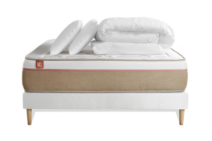 Pack lit complet 180x200 cm - Matelas + Sommier Blanc (en kit) + 2 oreillers + Couette - Le Soyeux