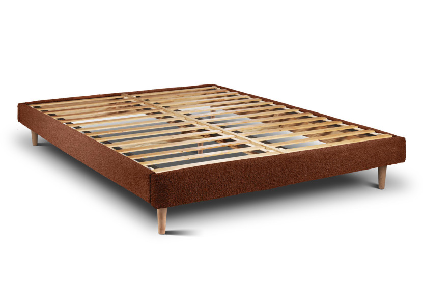 Lit 140x190 cm - Sommier à lattes H29 cm + tête de lit tapissée - Tissu Bouclette Terracotta
