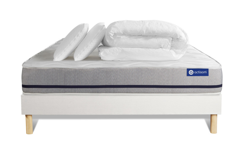 Pack lit complet 200x200 cm - Matelas + Sommier Blanc (en kit) + 2 oreillers + Couette - Actimemo Soft