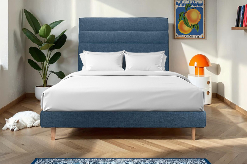 Lit 180x200 cm - Sommier à lattes H29 cm + tête de lit à lignes - Tissu Toile natté Bleu Océan
