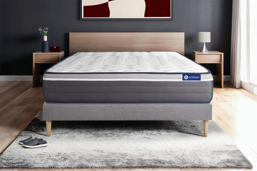 Ensemble Matelas Sommier 130x200 cm - Sommier Gris (en kit) - Actilatex Plus