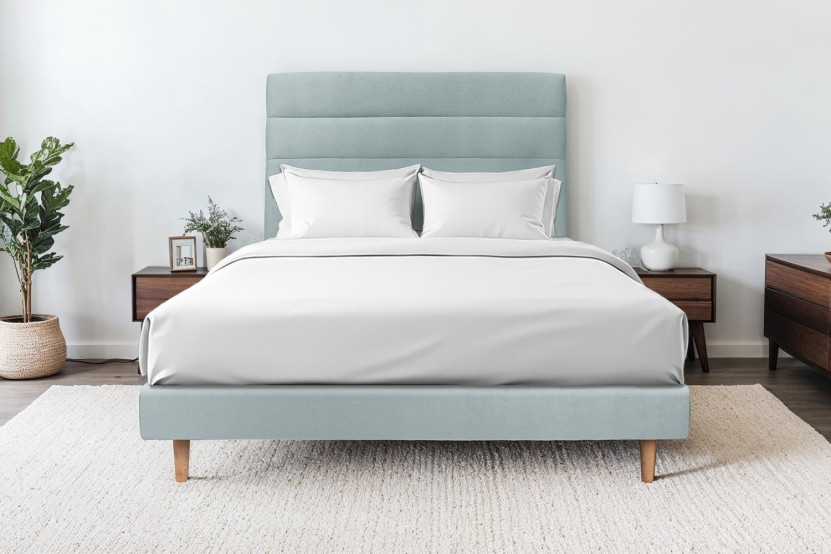 Lit 140x200 cm - Sommier tapissier H29 cm + tête de lit à lignes - Tissu Velours Gris Bleuté