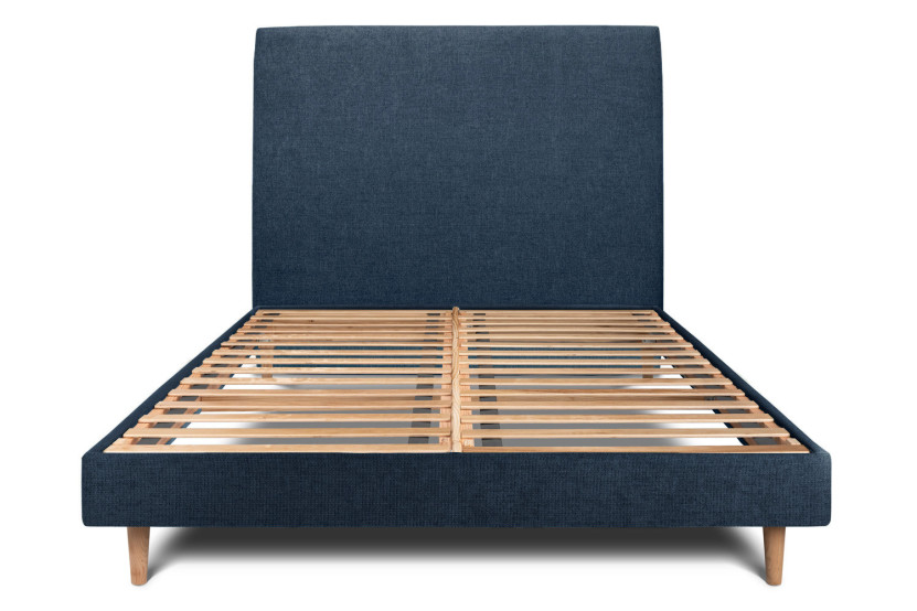 Lit 140x190 cm - Sommier à lattes H29 cm + tête de lit tapissée - Tissu Toile natté Bleu Océan