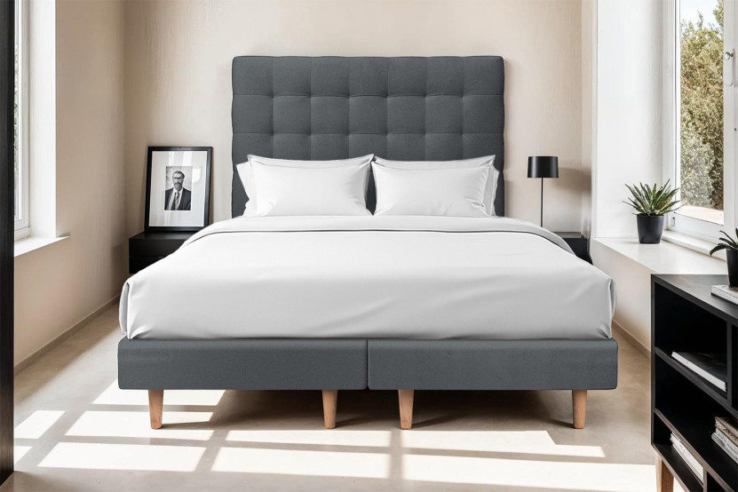 Lit 2x 100x200 cm - Sommier tapissier H29 cm + tête de lit capitonnée - Tissu Velours Gris Anthracite