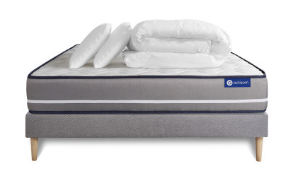 Pack lit complet 180x200 cm - Matelas + Sommier Gris (en kit) + 2 oreillers + Couette - Actimemo Pur