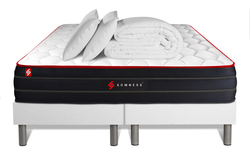 Pack lit complet 160x200 cm - Matelas + 2 Sommiers Blancs + 2 oreillers + Couette - Boost