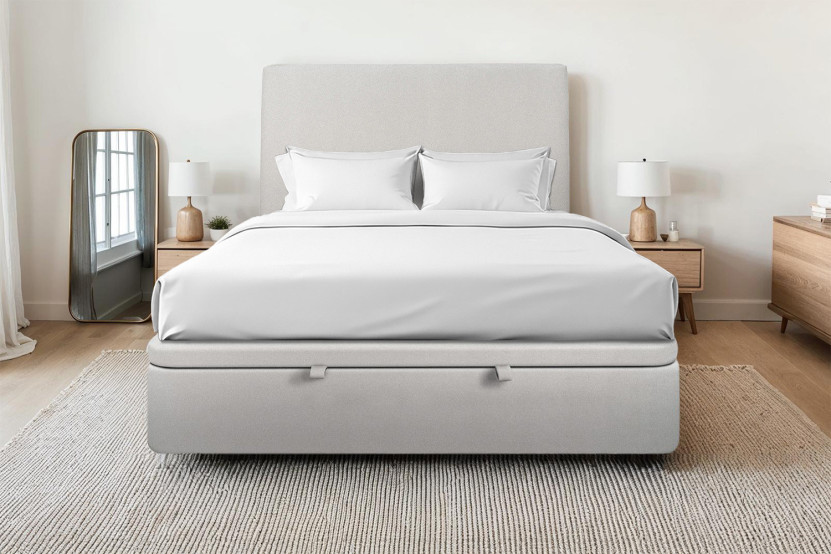 Lit coffre 140x190 cm avec Tête de lit tapissée - Tissu Velours Gris Clair