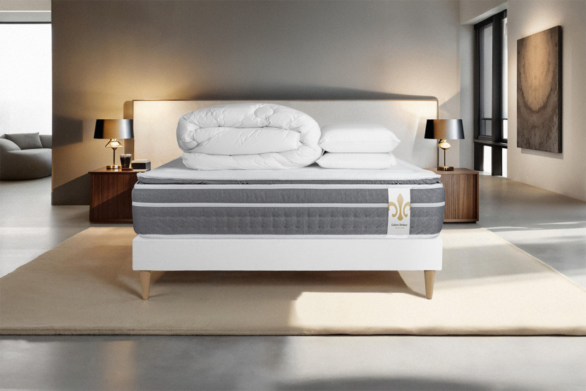 Pack lit complet 160x200 cm - Matelas + Sommier Blanc + 2 oreillers + Couette - Trente PLUS Pack lit complet 160x200 cm - Matelas + Sommier Blanc + 2 oreillers + Couette - Trente PLUS