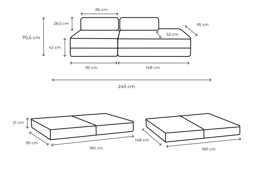 Canapé 3 places - 2 modules convertibles : Canapé 2 places + Fauteuil - Tissu lisse Vert