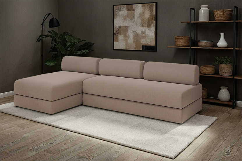 Canapé d'angle 6 places - 2 modules convertibles : Canapé 3 places + Méridienne - Tissu lisse Marron