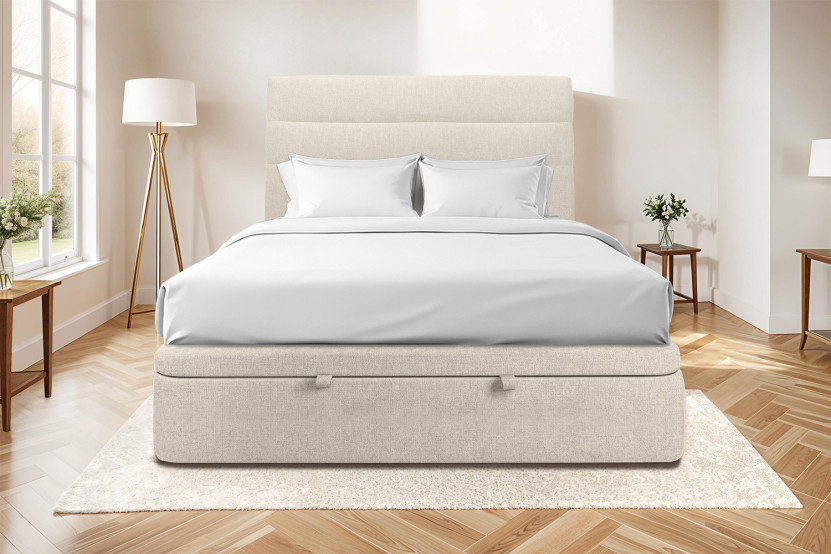 Lit coffre 200x200 cm avec Tête de lit à lignes - Tissu Toile natté Beige Clair