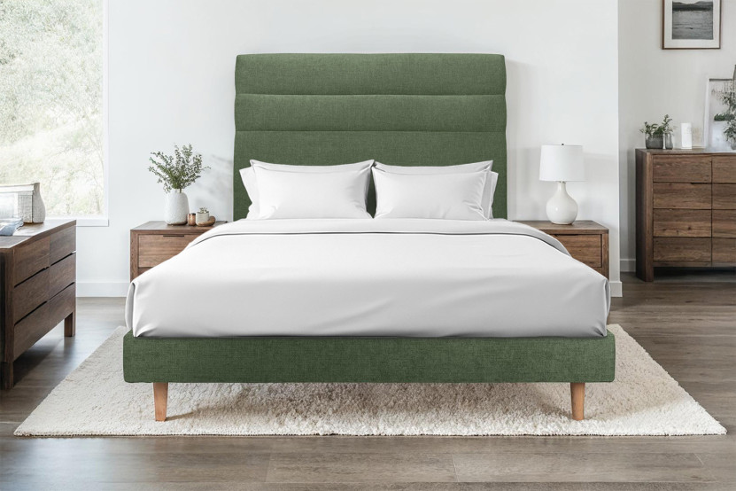 Lit 160x200 cm - Sommier tapissier H29 cm + tête de lit à lignes - Tissu Toile natté Vert Kaki