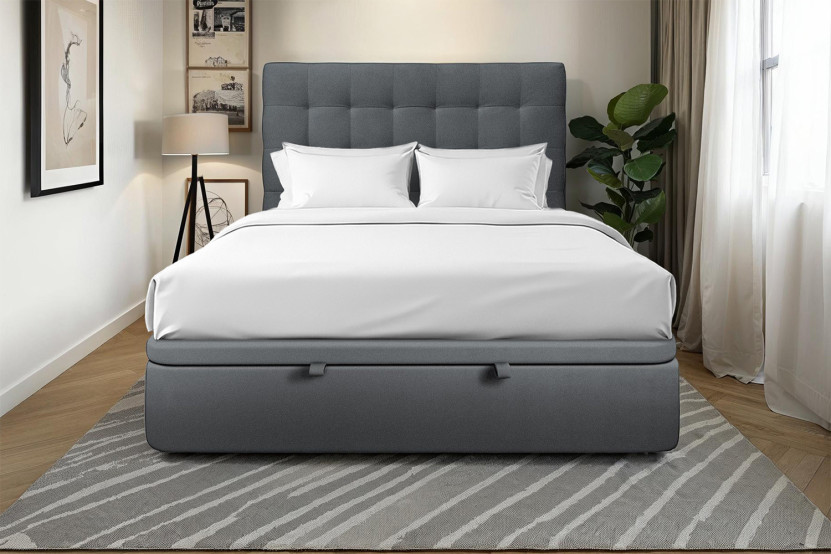 Lit coffre 160x200 cm avec Tête de lit capitonnée - Tissu Velours Gris Anthracite