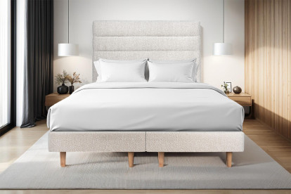 Lit 2x 100x200 cm - Sommier tapissier H29 cm + tête de lit à lignes - Tissu Bouclette Beige Clair