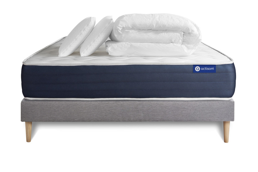 Pack lit complet 140x200 cm - Matelas + Sommier Gris (en kit) + 2 oreillers + Couette - Actimemo Sleep