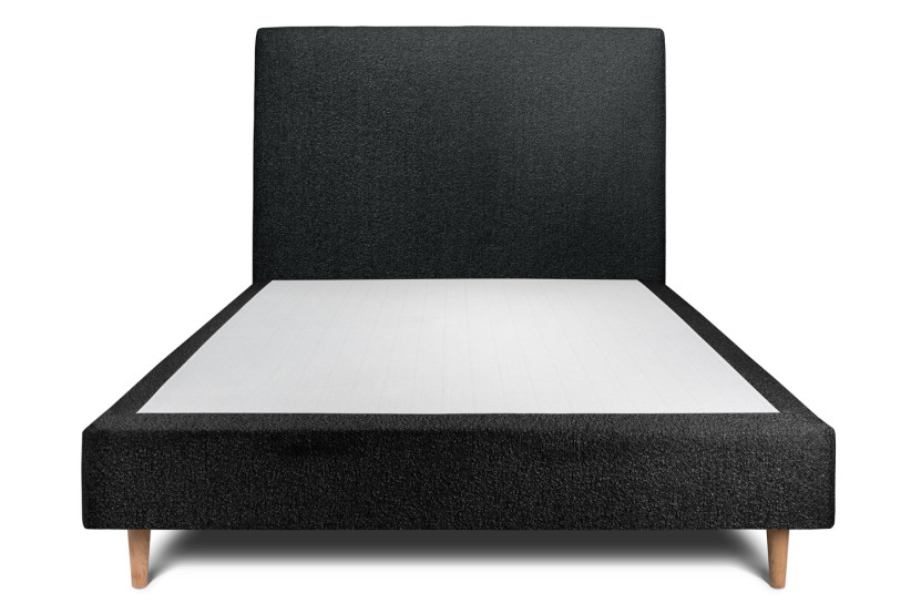 Lit 140x190 cm - Sommier tapissier H35 cm + tête de lit tapissée - Tissu Bouclette Noir