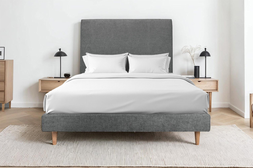 Lit 135x190 cm - Sommier tapissier H29 cm + tête de lit tapissée - Tissu Toile natté Gris Anthracite