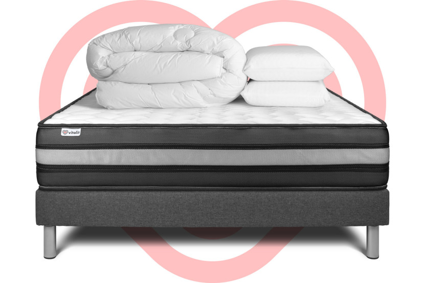 Pack lit complet 140x200 cm - Matelas + Sommier Gris (en kit) + 2 oreillers + Couette - Vital Power Zen