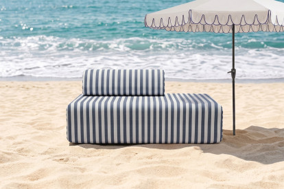 Canapé 2 places modulable - Tissu extérieur à rayures, blanc et bleu foncé