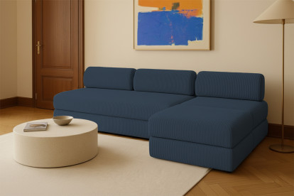 Canapé d'angle 6 places - 3 modules convertibles : Canapé 3 places + Fauteuil + Pouf - Velours côtelé Bleu