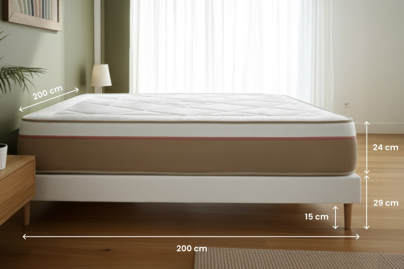 Pack lit complet 200x200 cm - Matelas + 2 Sommiers Beiges + 2 oreillers + Couette - Le Soyeux