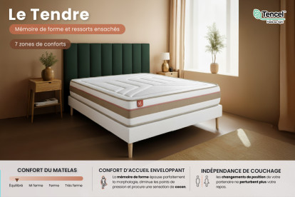 Pack lit complet 200x200 cm - Matelas + 2 Sommiers Beiges + 2 oreillers + Couette - Le Tendre