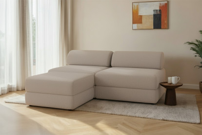 Canapé d'angle 4 places - 2 modules convertibles : Canapé 3 places + Pouf - Tissu lisse Taupe