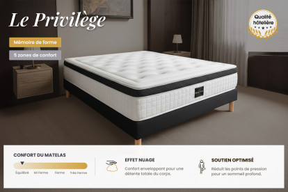 Pack lit complet 180x200 cm - Matelas + 2 Sommiers Blancs + 2 oreillers + Couette - Privilège