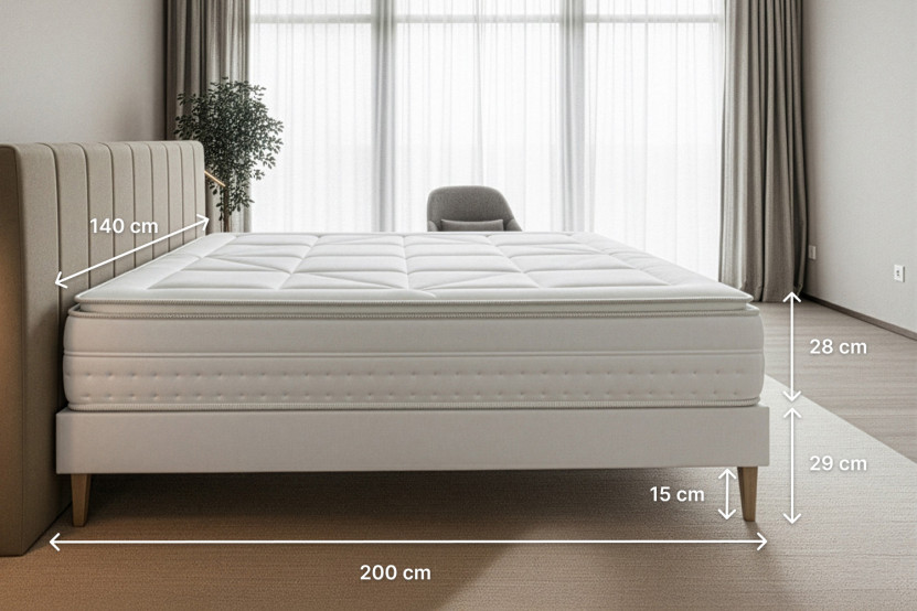 Pack lit complet 140x200 cm - Matelas + Sommier Blanc + 2 oreillers + Couette - Vingt-Huit PLUS