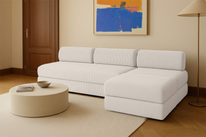 Canapé d'angle 6 places - 3 modules convertibles : Canapé 3 places + Fauteuil + Pouf - Velours côtelé Blanc