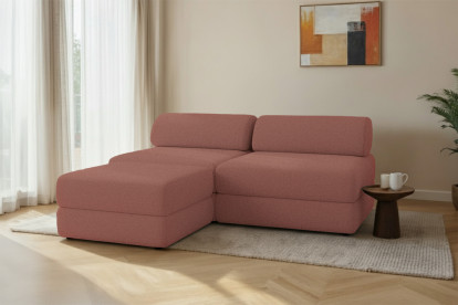 Canapé d'angle 4 places - 2 modules convertibles : Canapé 3 places + Pouf - Tissu lisse Terracotta