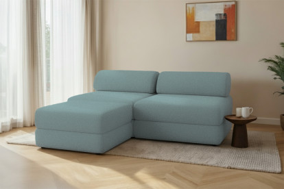 Canapé d'angle 4 places - 2 modules convertibles : Canapé 3 places + Pouf - Tissu lisse Vert