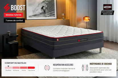 Pack lit complet 200x200 cm - Matelas + 2 Sommiers noirs  + 2 oreillers + Couette - Boost