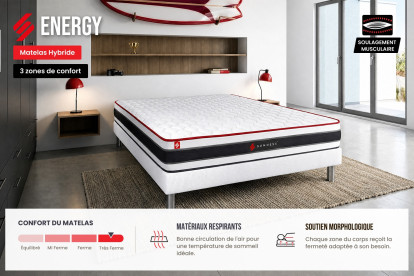 Ensemble Matelas Sommier 90x200 cm - Sommier Noir (en kit) - Energy
