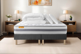 Pack lit complet 200x200 cm - Matelas + 2 Sommiers Gris + 2 oreillers + Couette - Memo Spring