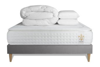 Pack lit complet 160x200 cm - Matelas + Sommier Gris (en kit) + 2 oreillers + Couette - Vingt-Quatre PLUS