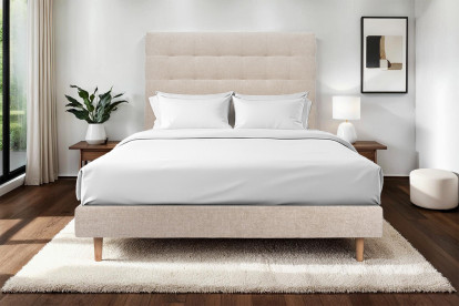 Lit 140x200 cm - Sommier tapissier H29 cm + tête de lit capitonnée - Tissu Toile natté Beige Brun