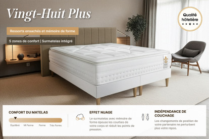 Pack lit complet 200x200 cm - Matelas + Sommier Gris (en kit) + 2 oreillers + Couette - Vingt-Huit PLUS