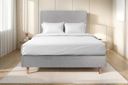 Lit 140x200 cm - Sommier tapissier H35 cm + tête de lit tapissée - Tissu Bouclette Gris