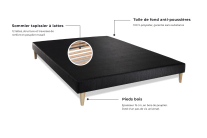 Pack lit complet 160x200 cm - Matelas + Sommier Noir + 2 oreillers + Couette - Balmoral