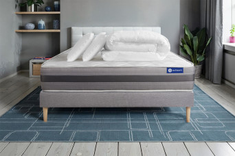 Pack lit complet 200x200 cm - Matelas + Sommier Gris (en kit) + 2 oreillers + Couette - Actilatex Relax