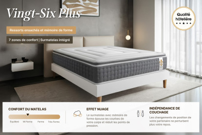 Pack lit complet 160x200 cm - Matelas + Sommier Blanc + 2 oreillers + Couette - Vingt-Six PLUS
