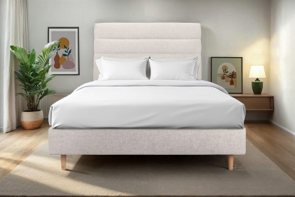 Lit 150x190 cm - Sommier tapissier H35 cm + tête de lit à lignes - Tissu Toile natté Beige Clair
