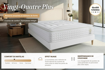 Pack lit complet 200x200 cm - Matelas + 2 Sommiers Blancs + 2 oreillers + Couette - Vingt-Quatre PLUS