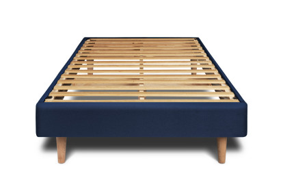 Lit 90x200 cm - Sommier à lattes H29 cm + tête de lit tapissée - Tissu Velours Bleu Océan