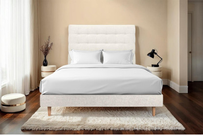Lit 160x200 cm - Sommier à lattes H29 cm + tête de lit capitonnée - Tissu Toile natté Beige Clair